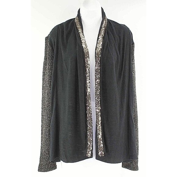 Miss Me Sz S Black Gold With Sequins Ruched Neck Acrylic Nylon Spandex Cardigan - Picture 3 of 7